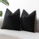 Decorative Neutral Linen Throw Pillow Covers 18x18 Inch Set of 2, Black Boho Farmhouse Pillow Covers with Braid Fringe for Sofa Bed Modern Couch Pillow Cases for Organic Home Decor