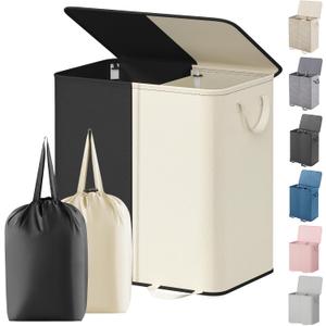 Lifewit Double Laundry Hamper with Lid and Removable Laundry Bags, Large Collapsible 2 Dividers Dirty Clothes Basket with Handles for Bedroom, Laundry Room, Closet, Bathroom, College, 136L White&Black