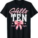 Hello Ten Double Digits Cute Coquette Bow 10th Birthday Girl T-Shirt, M