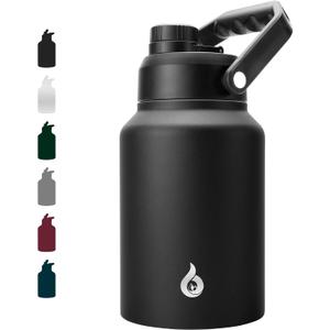 BJPKPK 64 oz Insulated Water Bottle, Dishwasher Safe Half Gallon Water Bottle with Ergonomic Handle, BPA Free Leak Proof Water Jug for Sports, Metal Jug with Anti-slip Bottom, Black