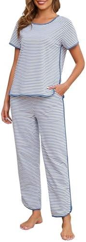 Namatime Womens Pajama Sets Cotton 2 Piece Lounge Set Stripe Short Sleeve Pj Set Comfy Loungewear Sleepwear with Pockets, XL