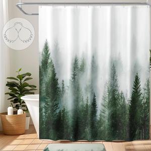 ORTIGIA Green Shower Curtain for Bathroom Misty Forest Pattern, Nature Woodland Artistic Shower Curtain Set with Metal Hooks, Waterproof Weighted Pine Tree Fog Bath Curtain, 72x72