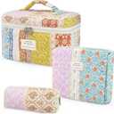 3Pcs Cotton Quilted Makeup Bag for Women Girls, Large Floral Cosmetic Bag Set Cute Makeup Brushes Aesthetic Accessories Storage Bag Travel Toiletry Bag Organizer for Women
