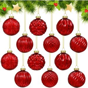 Jenaai 12 Pcs 2.36 Inch Red Glass Christmas Ball Ornaments Vintage Christmas Tree Decorations Mercury Glass Hanging Ornaments for Trees Xmas Holiday Party Garland DIY Craft Supplies, 6 Style