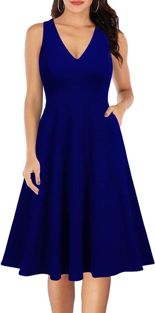 WOOSEA Women's Sleeveless V Neck Vintage Pockets Swing Business Church Dress (Medium, Royal Blue)