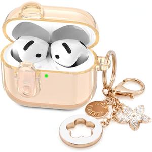 (with Safety Lock) Clear Case Compatible with Cute Apple Airpods 4 Cases 2024 Women, VISOOM Soft TPU Transparency Air pods 4 Gen Case iPods 4 Earbuds Case Girl Bling Keychain for Airpod iPod 4th Gen (Khaki)
