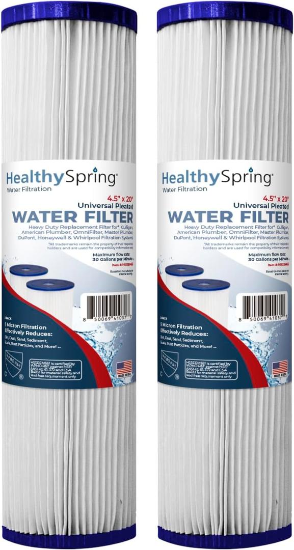 American Made, Healthy Spring High Performance, 20 Inch Whole House Pleated Water Sediment Filter Replacement 5 Micron Water Filter Cartridge Compatible with ECP5-20BB, SPC-45-2005, 2-Pack