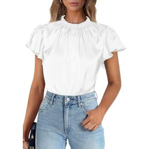 PRETTYGARDEN Business Casual Tops for Women Blouses Dressy 2026 Summer Short Sleeve Ruffle Satin Work Office Attire (White, L)
