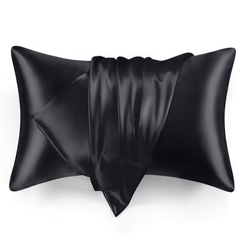 Love's cabin Satin Pillowcase Set of 2 Queen Size 20x30, Cooling Pillow Covers for Hair and Skin, Silky Smooth with Envelope Closure, Similar to Silk, Black