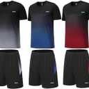 Men's Workout Sets Athletic Clothes Soccer Shirts Shorts 3 Pack Basketball Running Gym Football Outfits Summer (Grey-blue-red)