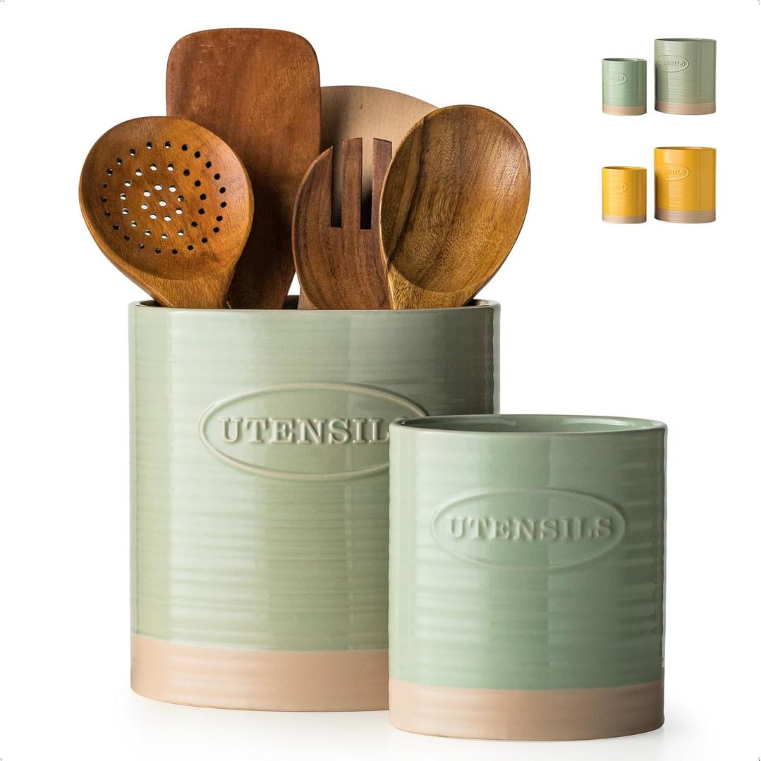 YHOSSEUN Kitchen Utensil Holder, 6.7"+5.1" Ceramic Utensil Holder for Kitchen Counter, Oval Cooking Utensil Crocks for Countertop, Utensil Storage Organizer Set of 2, Green (Large & Small)