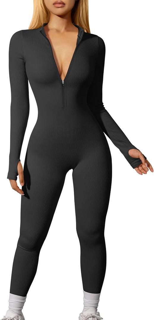 OQQ Women Yoga Jumpsuits Workout Ribbed Long Sleeve Zip Front Sport Jumpsuits (Small, Black)
