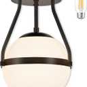 Bagood 8 Inch Mid Century Ceiling Light Modern Semi Flush Mount Ceiling Light Fixture Globe Ceiling Light Fixture with Milk Glass Shade Matte Black Finish for Kitchen Island Hallway Laundry(Bulb Incl)