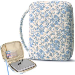 Aliceset Large Bible Cover Case for Women 10.2"x7.9"x2.1" Blue Floral Quilted Cotton Bible Carrying Cases Protective Bag with Handle and Zippered Pocket for Christian Study Supplies Church Gifts
