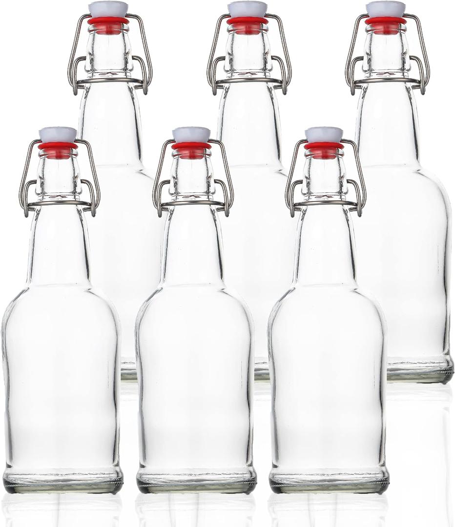 SureSave Beer Bottles with Easy Swing Cap | 16 Oz Clear Glass Bottle Set with Airtight Lid for Kombucha, Carbonated Drinks, Brewing, and Fermenting (6 Pack)