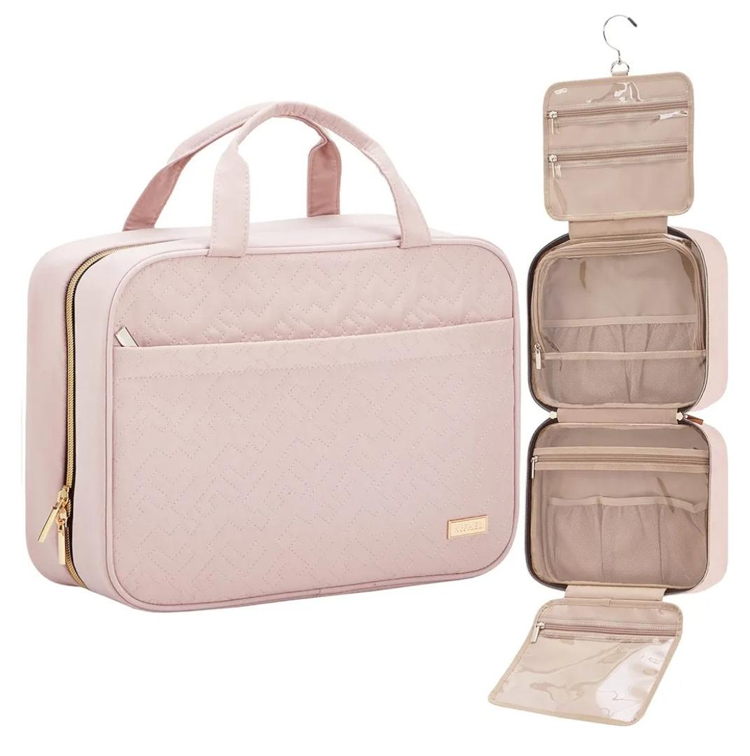 NISHEL Travel Toiletry Bag for women, Portable Hanging Organizer for Full-Sized Shampoo, Conditioner, Brushes Set, Makeup Accessories, Large Size, Pin