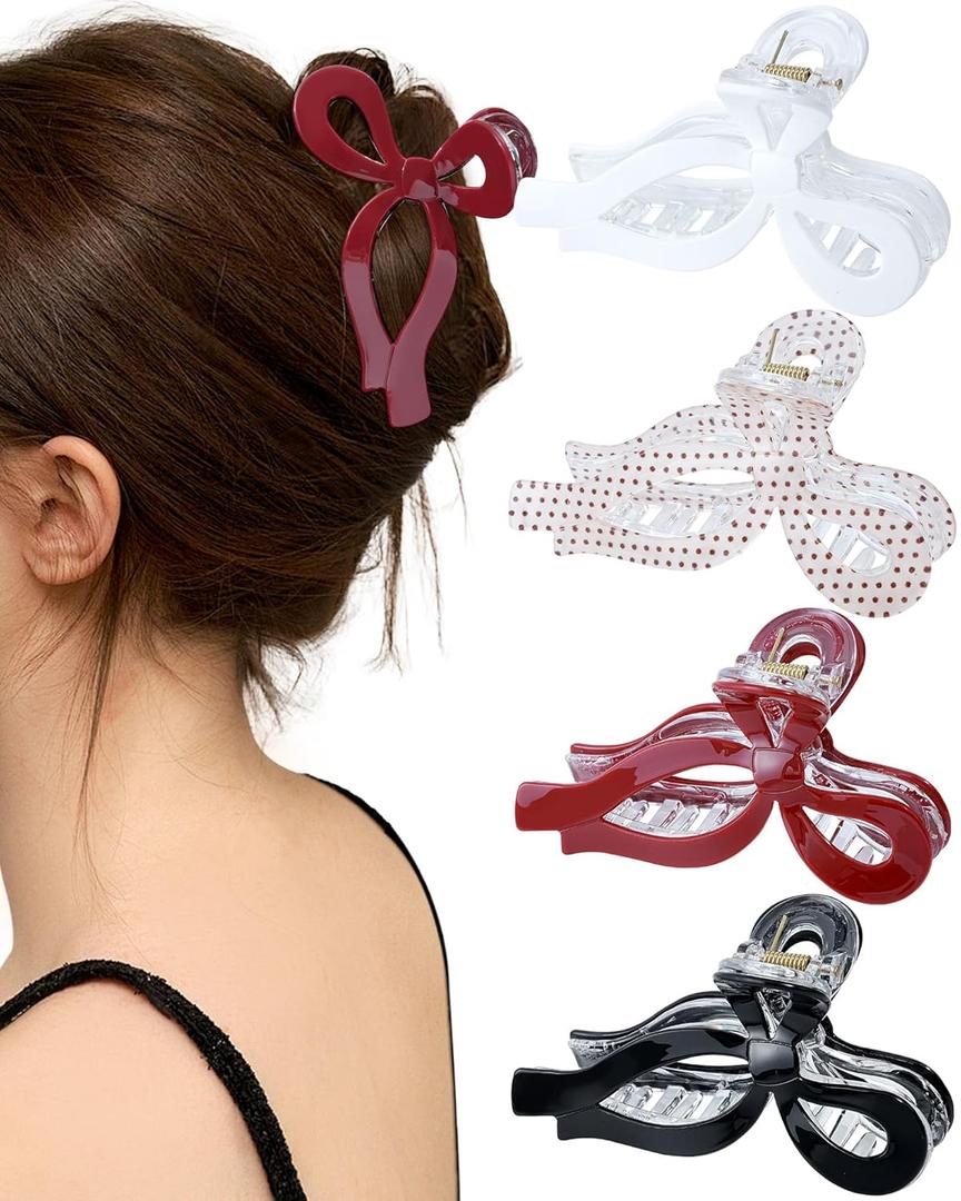 Mesovor 4 Pack Bow Hair Claw Clips for Women, Nonslip 4.3" Large Hair Grip Clawclips for Thin and Thick | Bowknot Hair Strong Hold Hair Jaw Clamps Gifts (Black, Burgundy, White, Red Polka Dots)