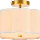 VONLUCE Semi Flush Mount Ceiling Light, 13'' Ceiling Light Fixture with Flower-Shaped Fabric Shade, 3-Light Modern Light Fixture for Bedroom Living Room Nursery Hallway, White Shade & Gold Finish (12.6")