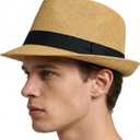 Straw Fedora Hat for Men Summer Short Brim Panama Hat Beach Casual (M)