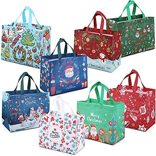 PARSUP 8PCS Christmas Gift Bags, Non-Woven Christmas Bags with Handles, Treat Tote for Gifts Wrapping Shopping, Xmas Party Supplies