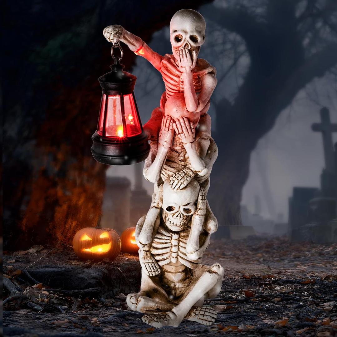 Halloween Skeleton Decor Triple Skeleton Halloween Decorations with Solar Red LED Lantern Outdoor Skeletons Figure for Yard Patio Lawn Garden (White)