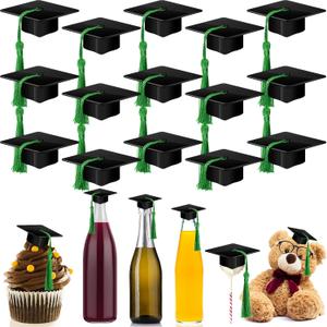 Qunclay 30 Pieces Mini Graduation Cap Plastic Grad Cake Wine Bottle Cover Toppers for Graduation Party Decorations (Black,Green)