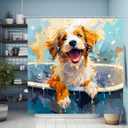 Playful Dog Shower Curtain Set for Bathroom, Get Naked Funny Bath-Tub Window Curtain with Metal Hooks, Waterproof Polyester Fabric, Decorative Cartoon Animal Paw Design, Weighted
