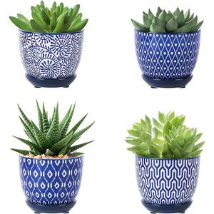 Selamica Ceramic Succulent Pots with Drainage Holes, Small Flower Pots 3.5 Inch Plant Pots for Indoor Plants with Saucers, Cactus Succulent, Home Decor, Set of 4, Vintage Blue