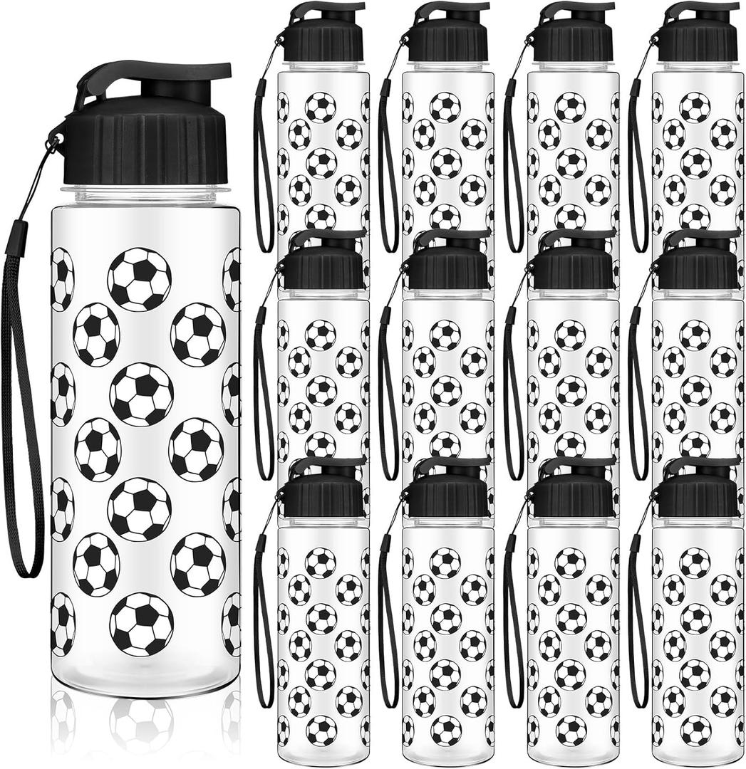 12 Pcs Soccer Water Bottles Bulk 17 oz Soccer Sports Bottle with Leak Proof Flip Top Reusable Plastic Water Bottles for Team Gift Accessories Sports Party Favors Supplies (Black)