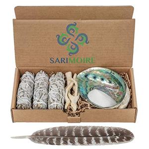 Sage Smudge Kit - White Sage Smudge Sticks - 4in ~ Abalone Shell 5-6in ~ 2in Tripod Stand ~ 9-12in Feather and White Sand