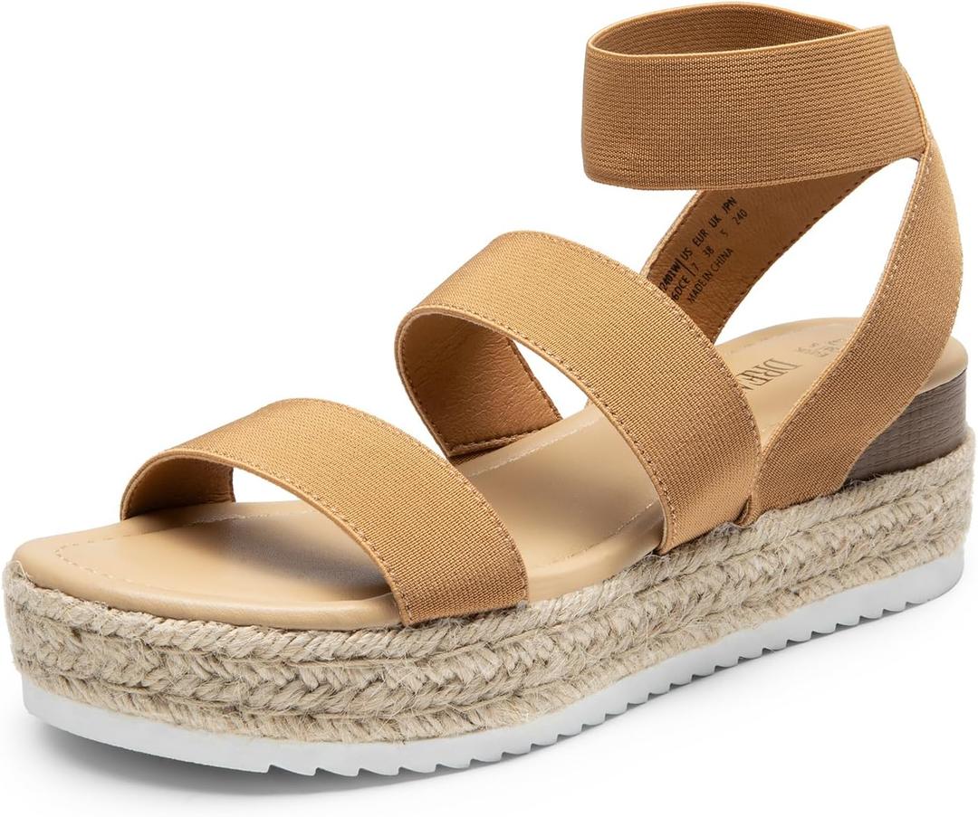 DREAM PAIRS Strappy Espadrille Platform Wedge Sandals for Women Dressy Summer, Comfortable Open Toe Sandals with Cushioned Insole and Ankle Strap Buckle, Size 8, Camel