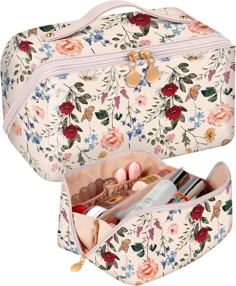 Bistup Makeup Bag Travel Cosmetic Bag Toiletry Make Up Bags Cute Women Large Capacity Big Medium Leather Flower Floral Aesthetic Girl Teen Teenage Foldable Expandable Open Flat Zip (3-Vintage Floral)