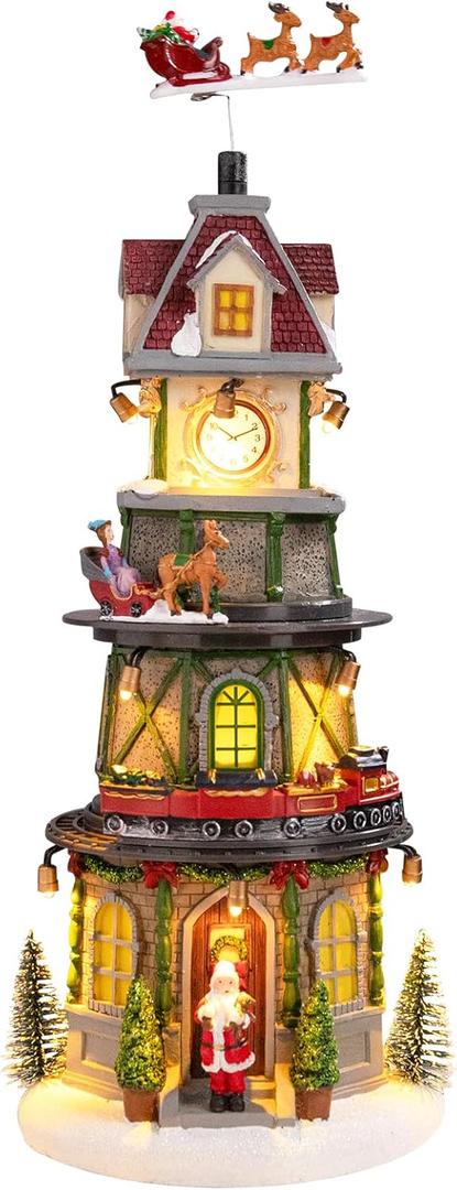 MUMTOP Christmas Village Clock Tower with Animated Reindeer, Light Up Bell Tower and Moving Train with Music for Indoor Holiday Xmas Tabletop Decor