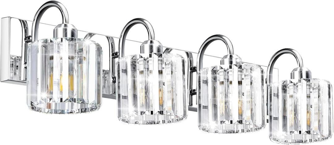 Chrome Bathroom Light - 4 Lights, Crystal Finish, Perfect for Over Mirror Vanity
