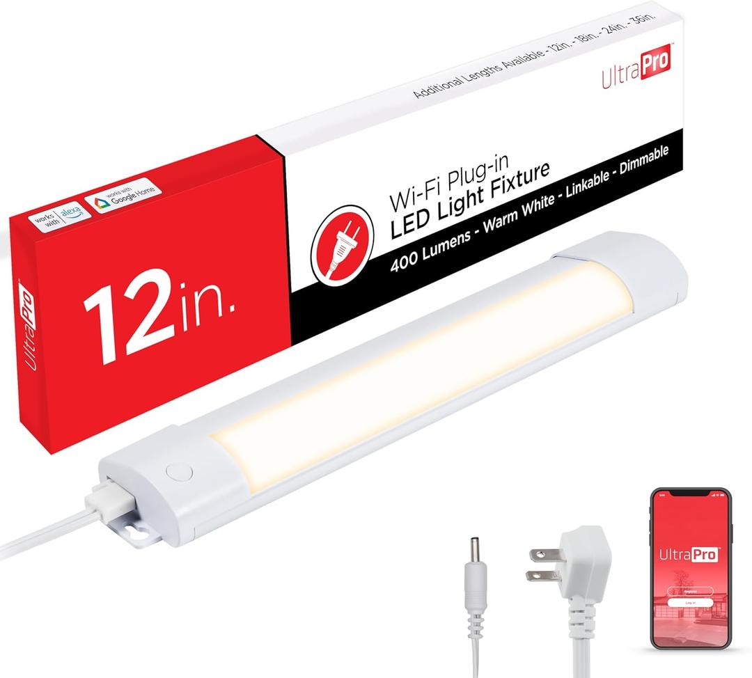 UltraPro 12 inch Smart Plug-in Linkable Under Cabinet Lights, Dimmable, Warm White Light (2700K), Wi-Fi App Controlled, Timer, LED Under Cabinet Lighting, Under Counter Lights for Kitchen, 56969