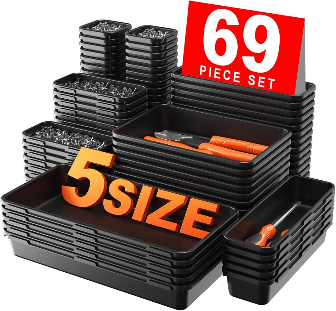 More Larger SizeA-LUGEI69Pcs5 Size Tool Box Organizer Tray Divider Set, Black Desk Drawer Organizer, Garage Organization and Storage Toolbox for Rolling Tool Chest Cart Cabinet WorkBench Parts