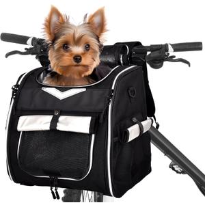 Dog Bike Basket, Foldable Pet Bike Carrier Backpack with Safety Strap, Waterproof Pet Bike Basket Suitable for Small Cats Kitten Puppy Dogs (Black