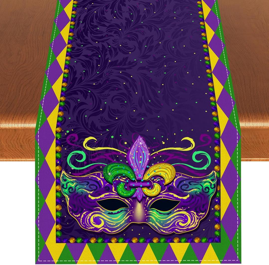Mardi Gras Table Runner New Orleans Brazi Carnival Tablecloth Fat Tuesday Mardi Gras Decorations and Supplies for Home Kitchen Table-13108'' (Mask)