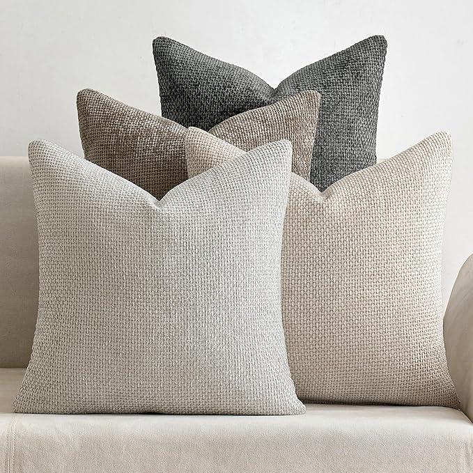 MIULEE Pack of 4 Couch Throw Pillow Covers 20x20 Inch Neutral Soft Decorative Chenille Pillow Covers Farmhouse Boho Cushion Covers for Mid Century Modern Home Decor Sofa Bedroom Living Room