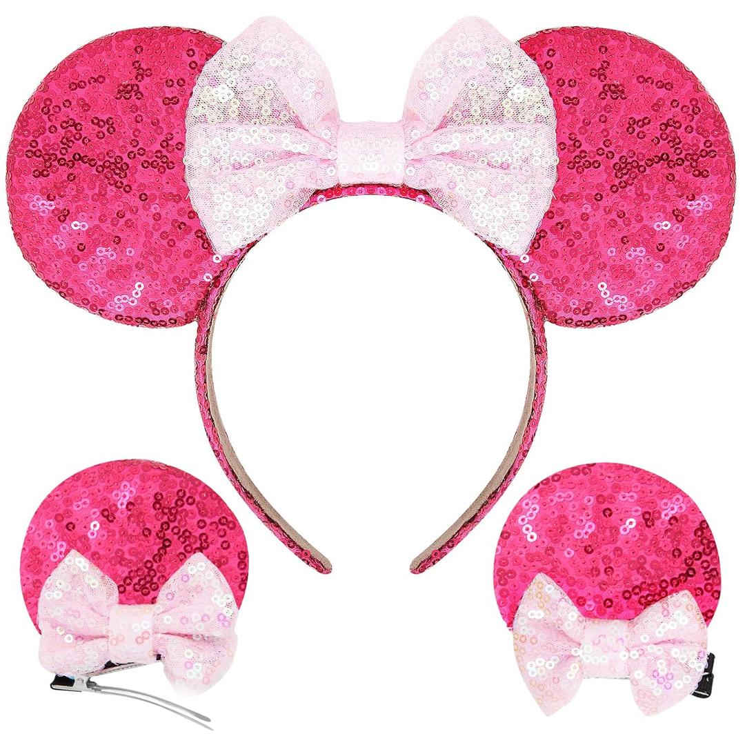 Mouse Ears Bow Sequin Headbands and Clips, Hot Pink, for Girls Women Adult Kids, Hair Accessory for Birthday Christmas Party Cosplay