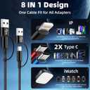 Travel Essentials Dual Type-C Port 4 in 2 Multi Charging Cable for iWatch Charger/iPhone17/IP, Cruise Essentials 2026, USBA/USBC Cable for iWatch Ultra/SE/11-2, iPhone17-8, GalaxyS26, Car- 2Pcs 5FT