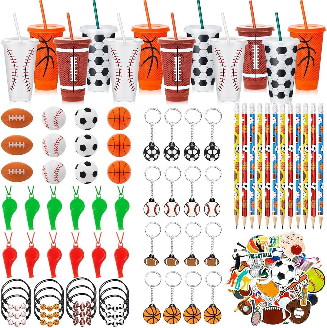 12 Set Sport Party Favors Football Basketball Soccer Baseball Goodie Bags Include Cups with Straw Mini Stress Ball Keychains Bracelets Whistles Stickers Pencils for Party Birthday Supply