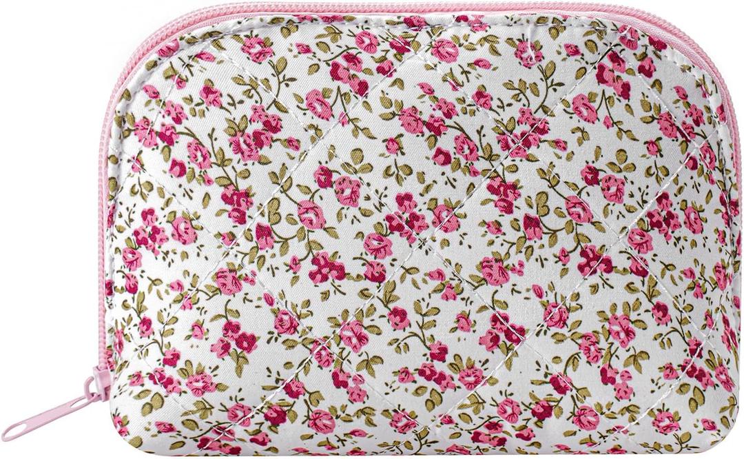 Quilted Conch Shaped Makeup Bag Cosmetic Bag for Women, Floral Coquette Cotton Travel Makeup Case Toiletry Zipper Make Up Pouch, Travel Storage Organizer Stuff (Red Flower)