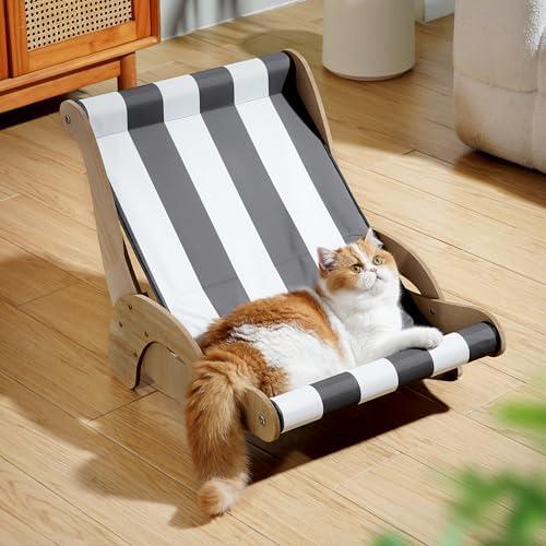 HiPetpy Cooling Cat Hammock Chair with Water Mat, Beach Style Lounger for Large Cats, Elevated Cat Beds for Indoor Cats, Waterproof Durable Pet Couch for Indoor & Outdoor Use(Black & White Stripes)