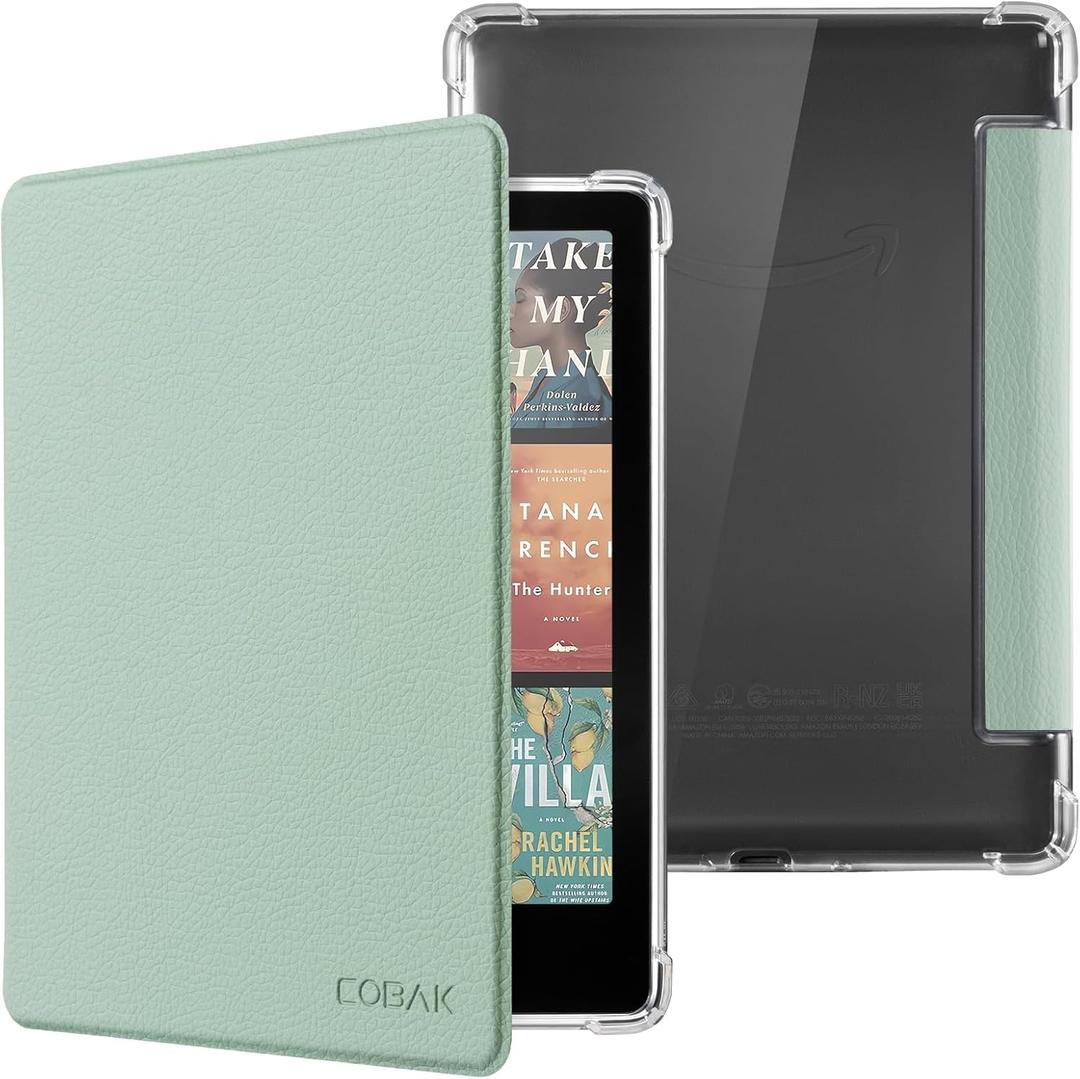 CoBak Case for Kindle Paperwhite 12th Gen 2024 (7") & Kindle Colorsoft Signature Edition (7") - New PU Leather Cover and Clear Soft Silicone Back Cover with Auto Sleep Wake Feature (Sage Green)