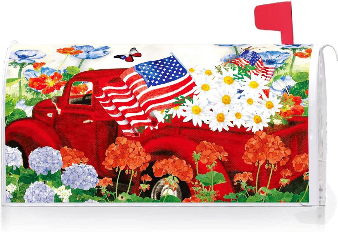 Texupday Patriotic American Red Truck Daisy Floral Memorial Day Mailbox Cover with Magnetic Strip July 4th Mailbox Wraps Post Letter Box Cover Standard Size 21" X 18" for Garden Outdoor Yard Decor