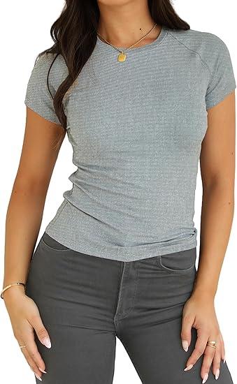 Dwnval Womens Basic Summer Short Sleeve Crewneck T Shirt Raglan Ribbed Knitted Slim Fit Casual Going Out Tops, Size: Medium