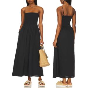 Aigeman Women Detachable Strap Dress Strapless Smocked Bodice Maxi Dress Pockets Long Swing Flowy Beach Sundress 373 (Black, L)