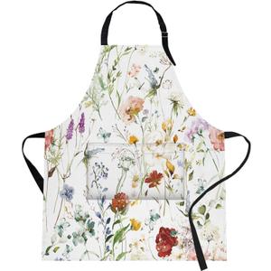 Britimes Apron Home Kitchen Cooking Baking Gardening for Women Men With Pockets Wildflower Flower Floral Boho Butterfly Hydrangea 32x28 inch
