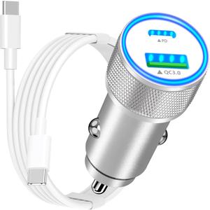 [Apple MFi Certified] iPhone 16 Fast Car Charger, Rombica 52.5W USB-C&USB-A Car Power Cigarette Lighter PD/QC3.0 Type-C Fast Car Charging with Type-C Cable for iPhone 16 Pro/16 Pro Max/15/15 Pro/iPad